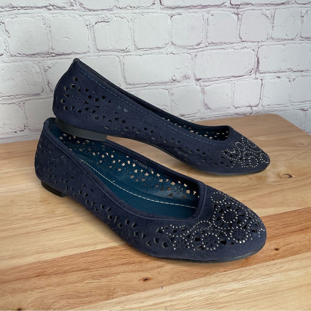 Zanotti Black Fabric Slip On Flats Laser Cut Out‎ Navy Studded Size Women's 7,5